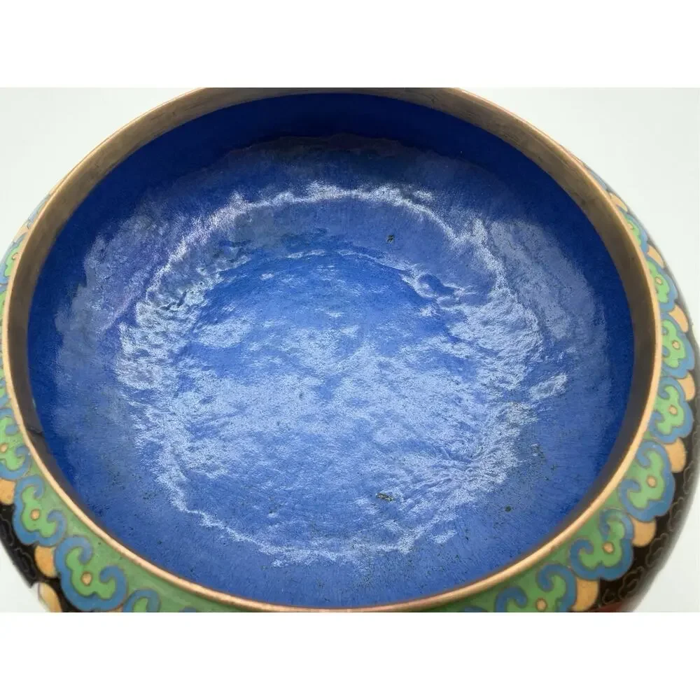 Chinese Cloisonné Lidded Bowl Hand Painted Enamel Flowers & Butterflies Vintage